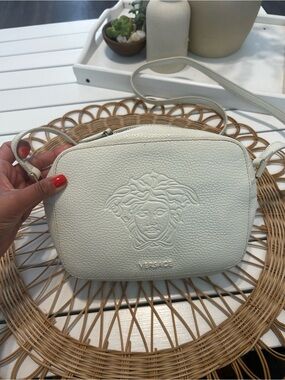 Versace Cream Pebbled Leather Medusa Crossbody Bag